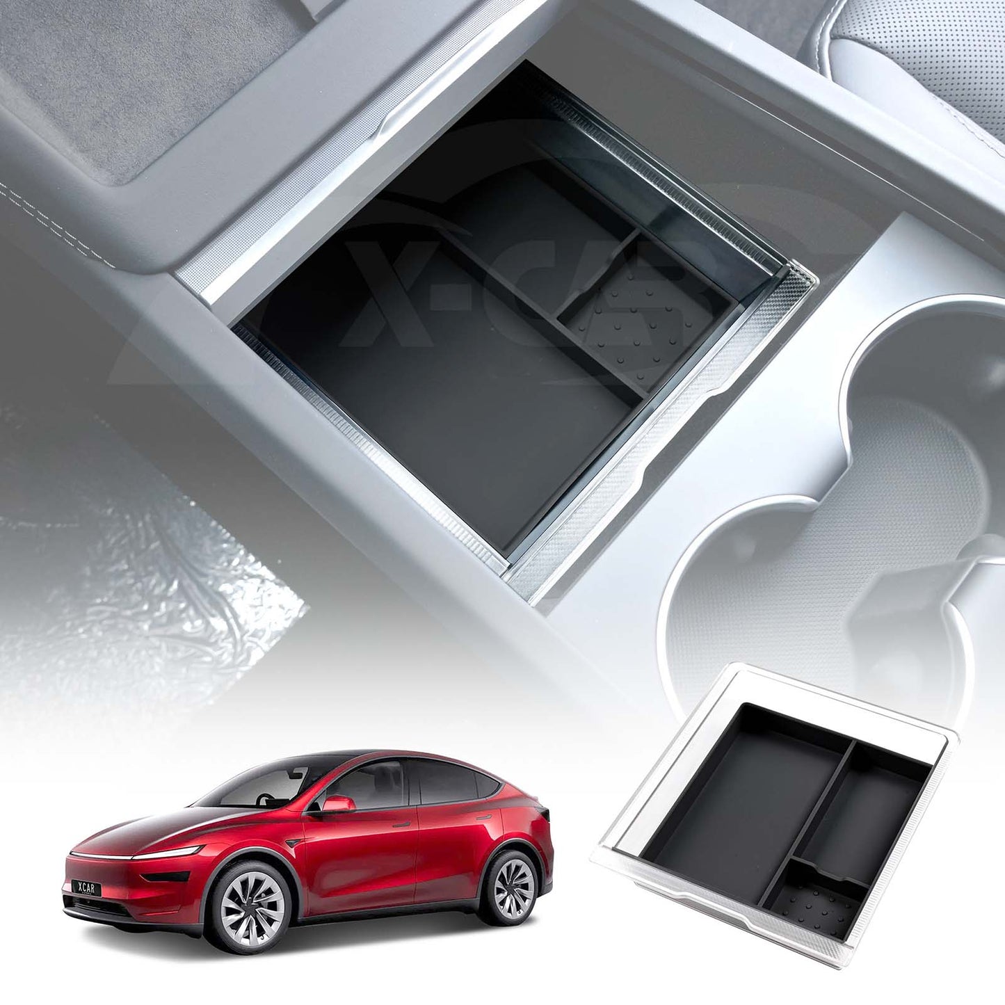 Centre Console Front Organizer Tray for Tesla Model Y Juniper 2025-Onwards Premium Storage Box Drawer Container with Black Silicone Mat