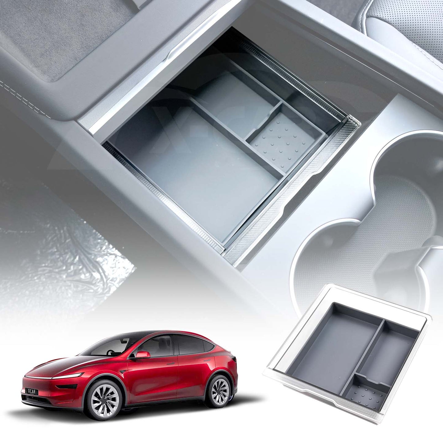 Centre Console Front Organizer Tray for Tesla Model Y Juniper 2025-Onwards Premium Storage Box Drawer Container with Grey Silicone Mat