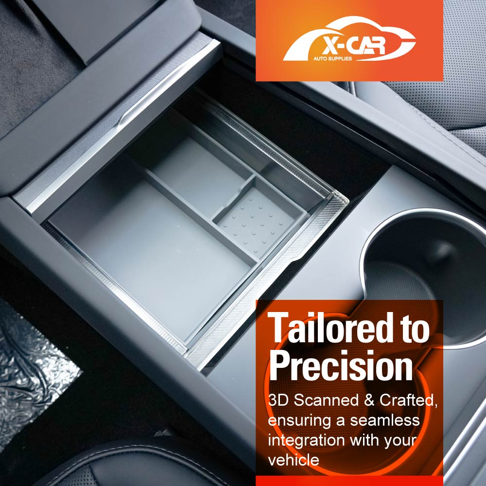 Centre Console Front Organizer Tray for Tesla Model Y Juniper 2025-Onwards Premium Storage Box Drawer Container with Grey Silicone Mat