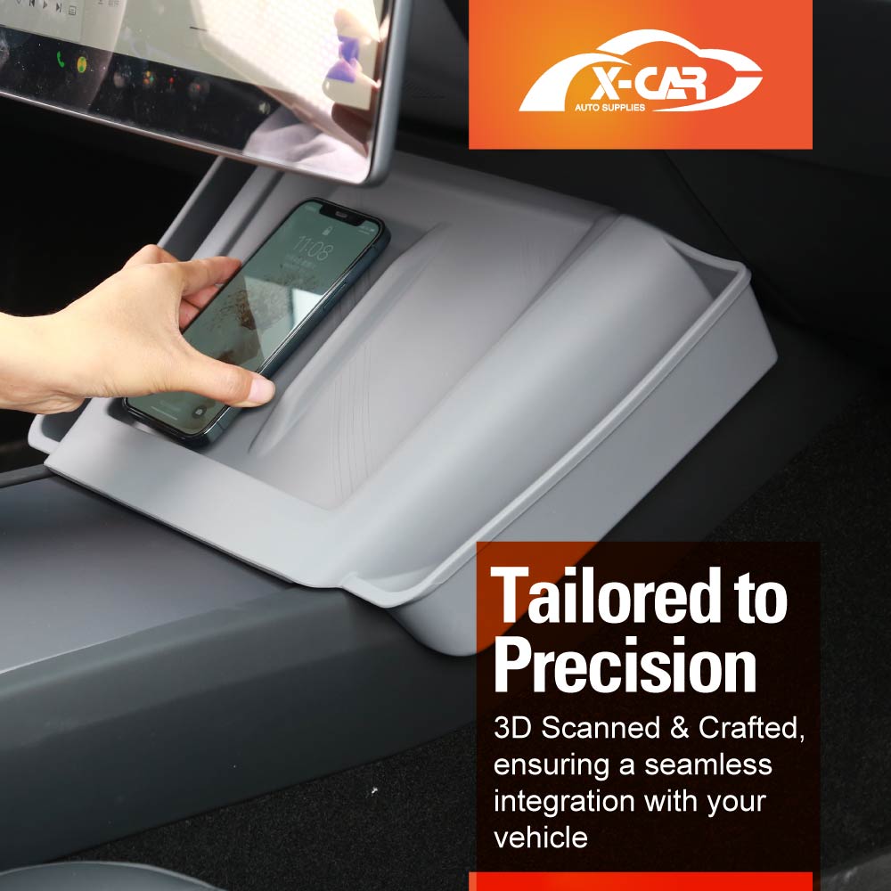 Grey Silicone Anti-Slip Mat with Side Storage For Tesla Model Y Juniper 2025-Onwards Center Console Wireless Charger Protective Pad