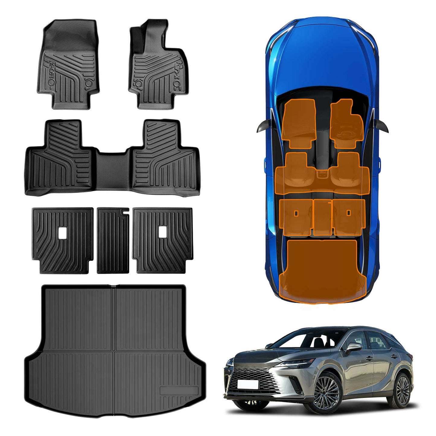 3D Floor Mats Boot Liner Set for Lexus RX350 RX350h RX500h 2022-Onwards All Weather Heavy Duty Cargo Kick Back Seat Protector Cover