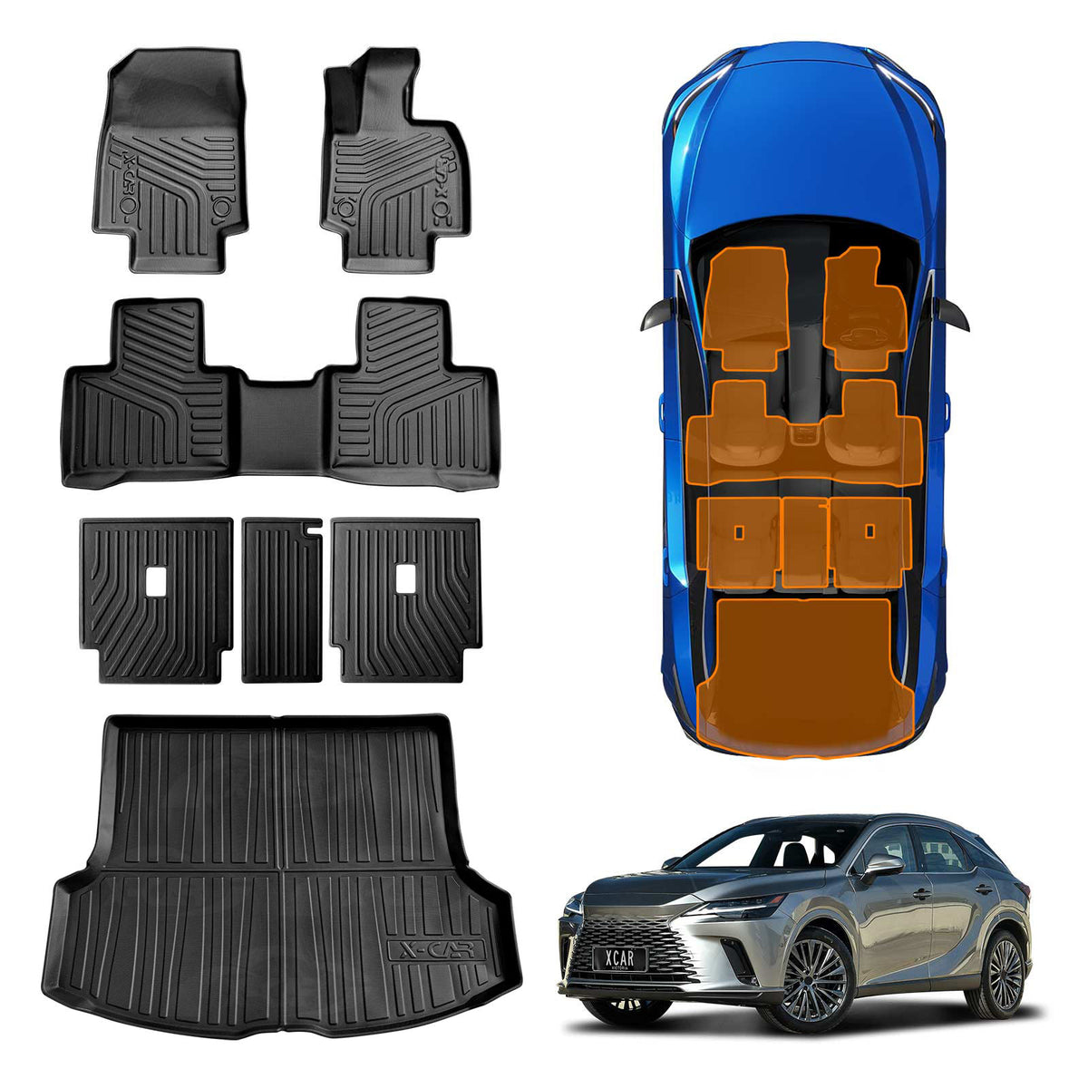 3D Floor Mats Boot Liner Set for Lexus RX350 RX350h RX500h 2022-Onwards All Weather Heavy Duty Cargo Kick Back Seat Protector Cover
