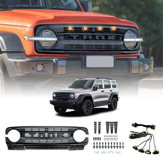Front Bumper Grille With LED light for GWM Tank 300 2023-2025 Mesh Frame Exterior Modification Accessories