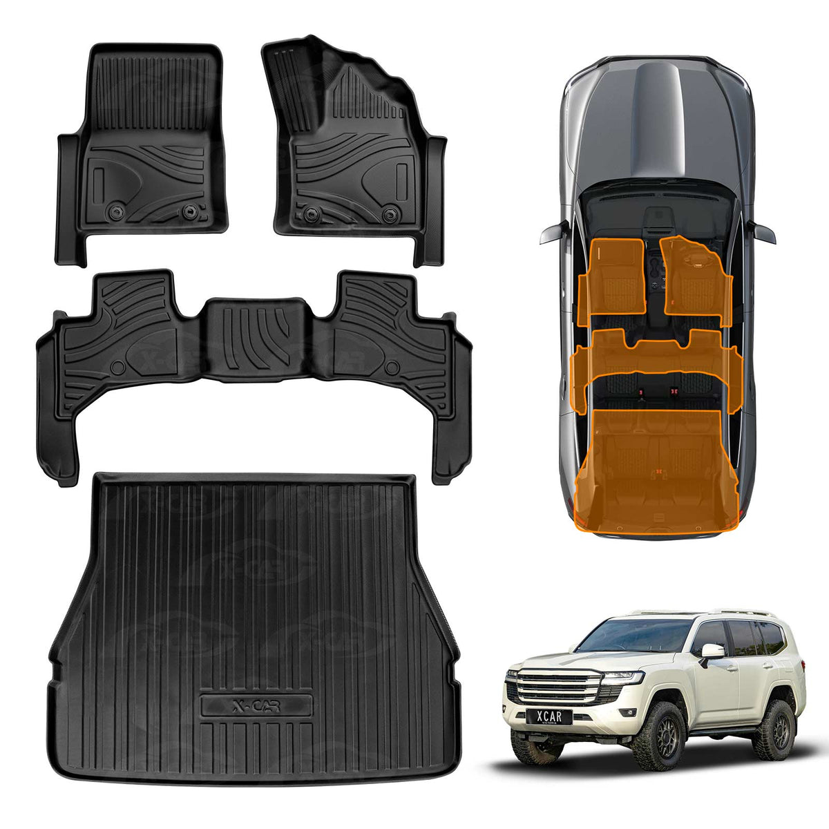 Front Rear Floor Mats Boot Liner Set for Toyota Landcruiser 300 LC300 2021-Onwards 7 Seater All Weather Heavy Duty Cargo Car Trunk Luggage Tray