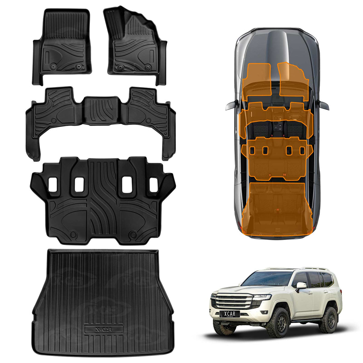Floor Mats Boot Liner Set for Toyota Landcruiser 300 LC300 2021-Onwards 7 Seater All Weather Heavy Duty Cargo Car Trunk Luggage Tray