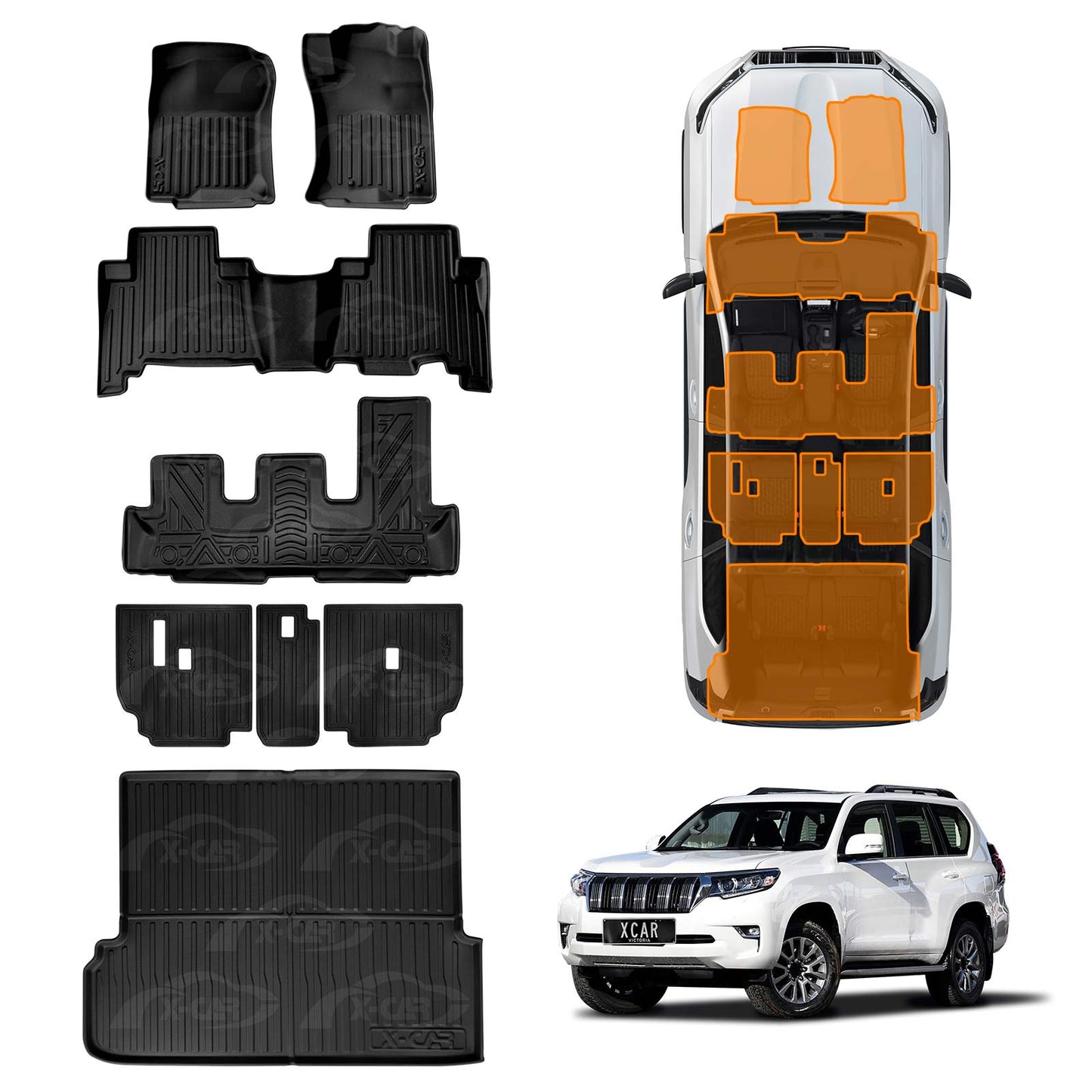 Floor Mats Boot Liners Set for Toyota Prado 150 Series 7-Seat 2009-2024 All Weather Heavy Duty Cargo Kick Mats Back Seat Protector Cover