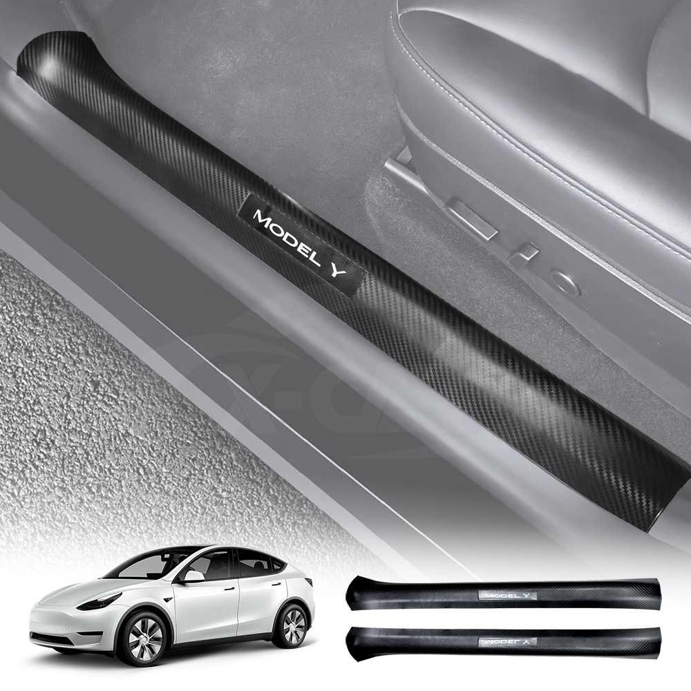 Carbon Fiber Style Front Door Sill Protector for Tesla Model Y 2021-2025 Door Entry Guard