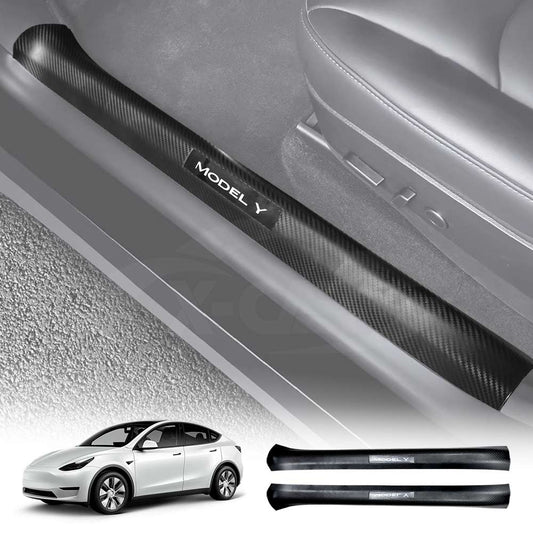 Carbon Fiber Style Front Door Sill Protector for Tesla Model Y 2021-2025 Door Entry Guard