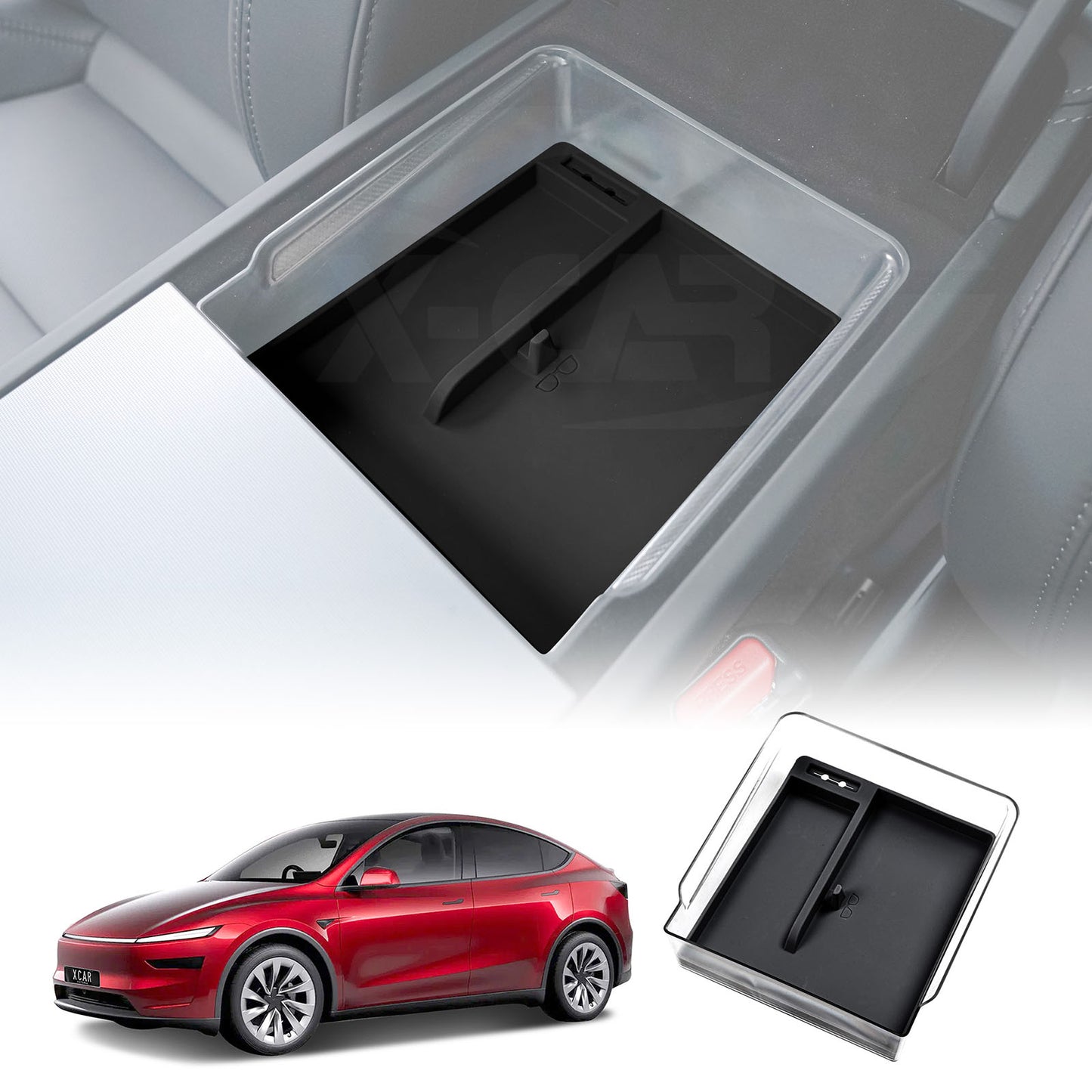 Centre Console Mid Organizer Tray for Tesla Model Y L 6-Seat 2026-Onwards Premium Storage Box Drawer Container with Black Silicone Mat
