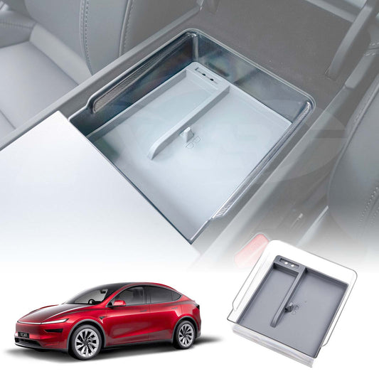 Centre Console Mid Organizer Tray for Tesla Model Y L 6-Seat 2026-Onwards Premium Storage Box Drawer Container with Grey Silicone Mat