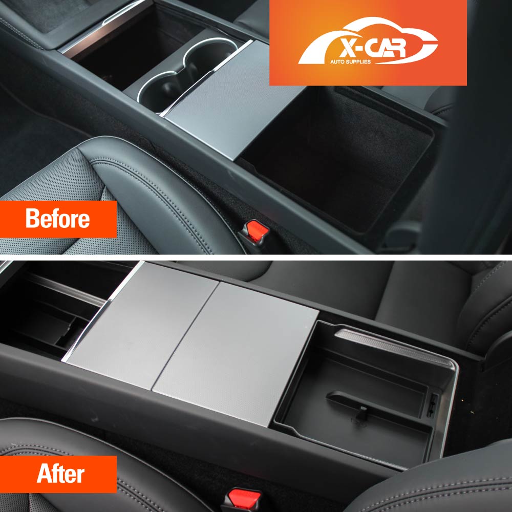 Centre Console Organizer Tray for Tesla Model Y L 6-Seat 2026-Onwards Premium Storage Box Drawer Container with Black Silicone Mat