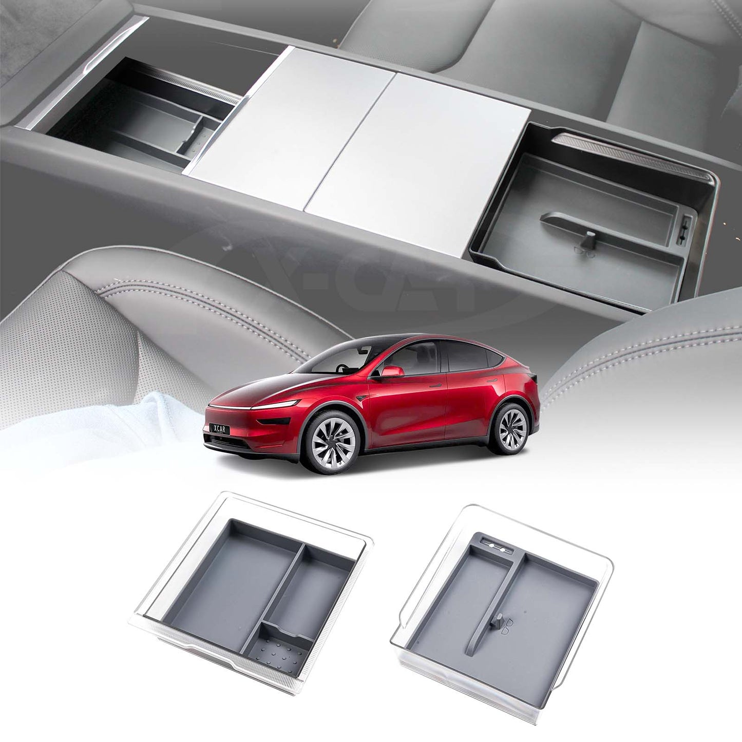 Centre Console Organizer Tray for Tesla Model Y L 6-Seat 2026-Onwards Premium Storage Box Drawer Container with Grey Silicone Mat