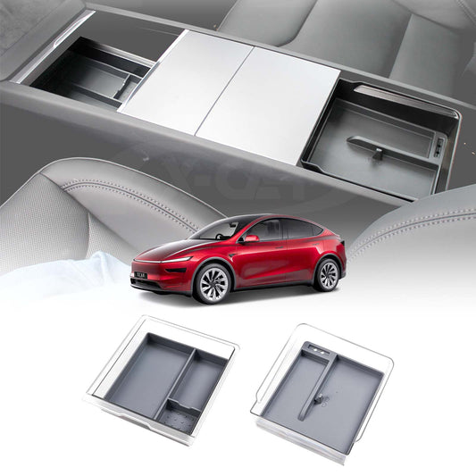 Centre Console Organizer Tray for Tesla Model Y L 6-Seat 2026-Onwards Premium Storage Box Drawer Container with Grey Silicone Mat