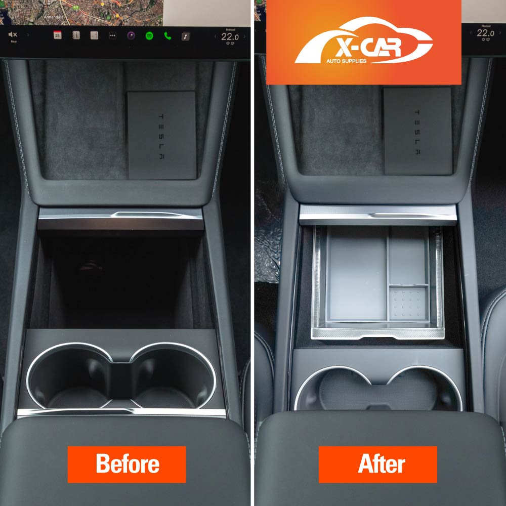 Centre Console Organizer Tray for Tesla Model Y L 6-Seat 2026-Onwards Premium Storage Box Drawer Container with Black Silicone Mat
