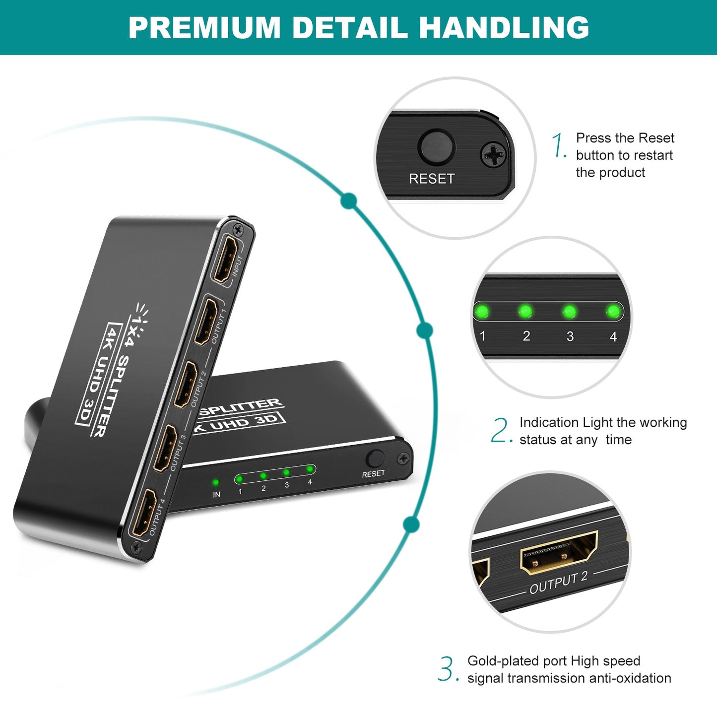 HDMI Splitter 1 in 4 Out 4K Aluminum 1.4 HDCP Supports 4K30HZ 3D 1080P for Xbox PS4 PS3 Fire Stick Blu-Ray Apple TV