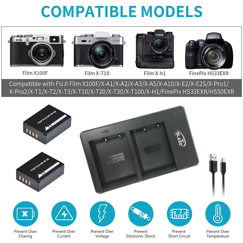 USB Dual Charger for Fujifilm NP-W126 Battery FinePix X-Pro1 X-Pro2 HS30EXR HS35EXR HS50EXR X-A1 X-A2 X-E1 X-E2 X-M1 X-T1 X-T2 X-T10 X-T20 X100V