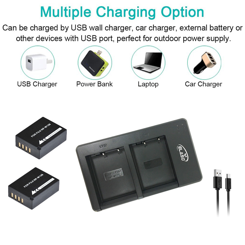 USB Dual Charger for Fujifilm NP-W126 Battery FinePix X-Pro1 X-Pro2 HS30EXR HS35EXR HS50EXR X-A1 X-A2 X-E1 X-E2 X-M1 X-T1 X-T2 X-T10 X-T20 X100V