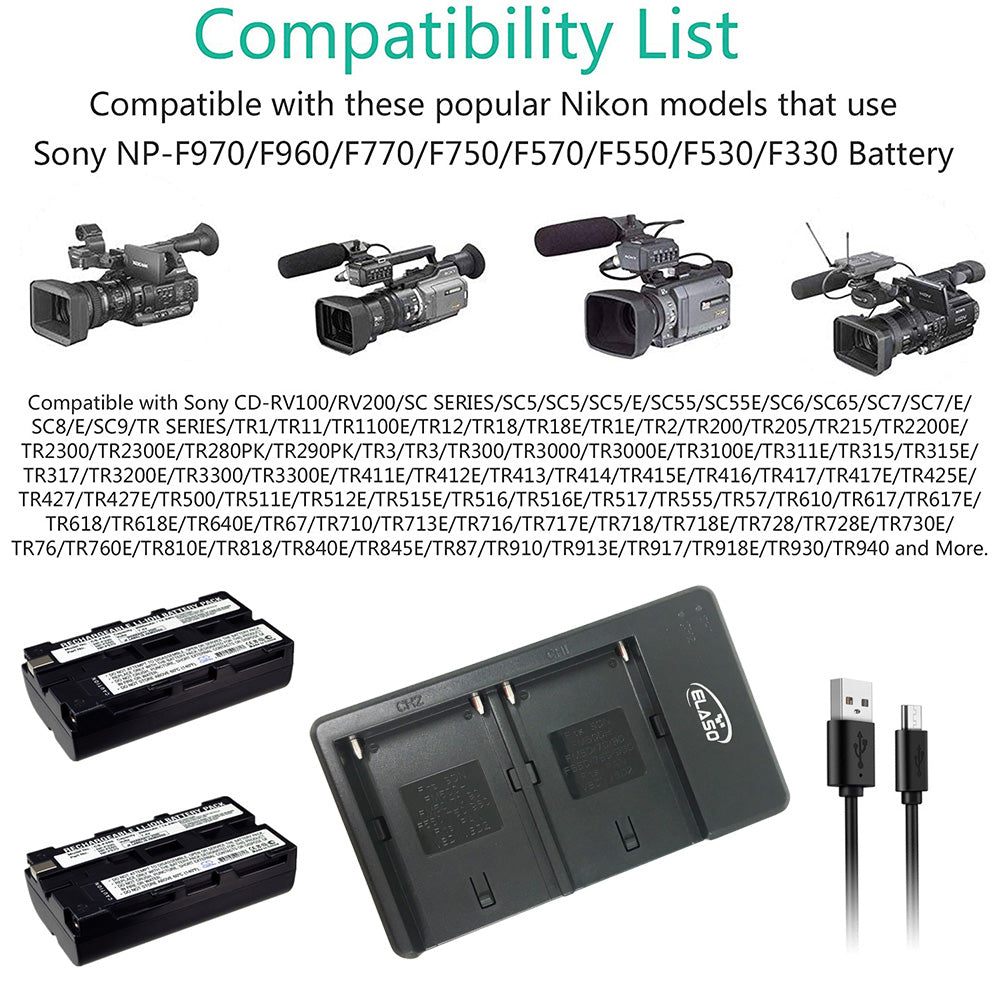 USB Dual Charger for Sony NP-F330, F550, F570, F750, F770, F960, F530, F330, F570, CCD-SC55, TR516, TR716, TR818 Battery