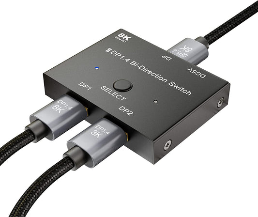 8K DisplayPort Bi-Directional Switch DP1.4 Ultra HD '1in 2out'/'2in 1out' Splitter Converter for PC Switch PS5/4/3 Blu-Ray DVD