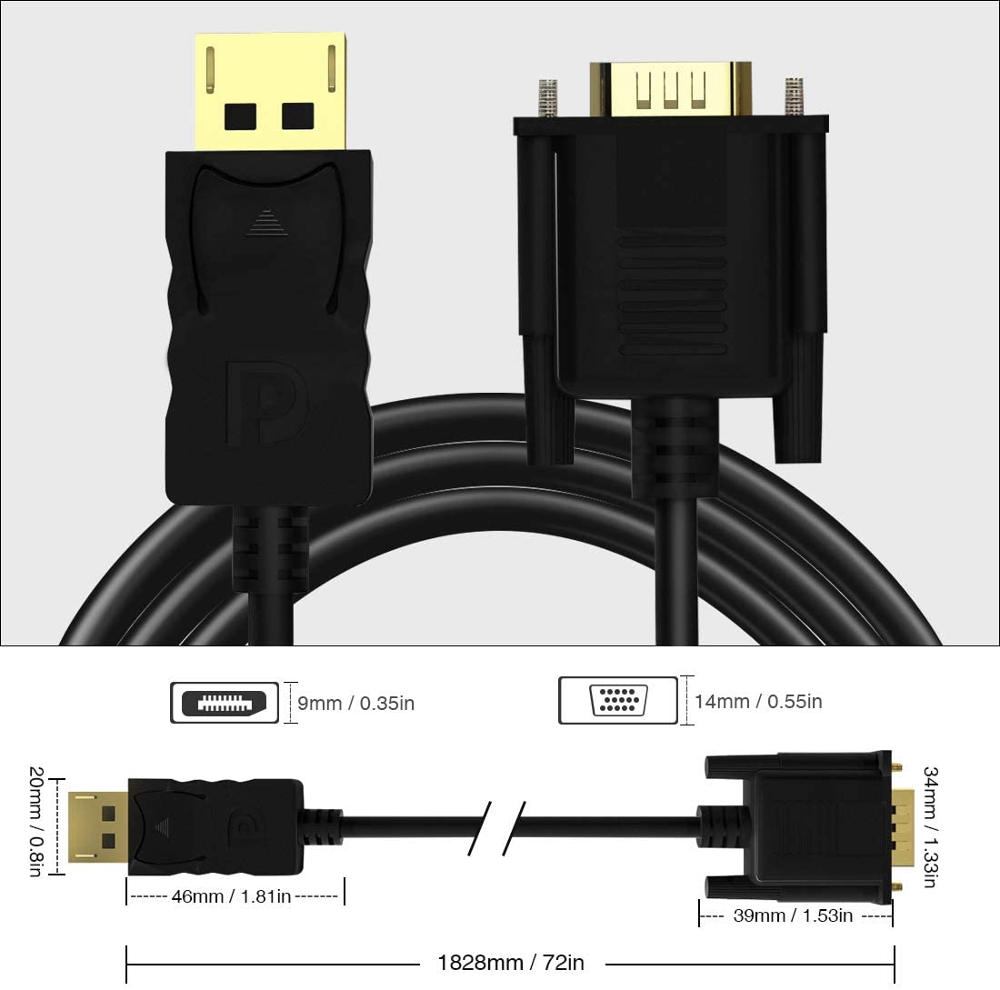 1.8m DisplayPort DP Male to VGA Male Adapter Cable for Lenovo Dell HP ASUS Acer Toshiba Laptop Monitor