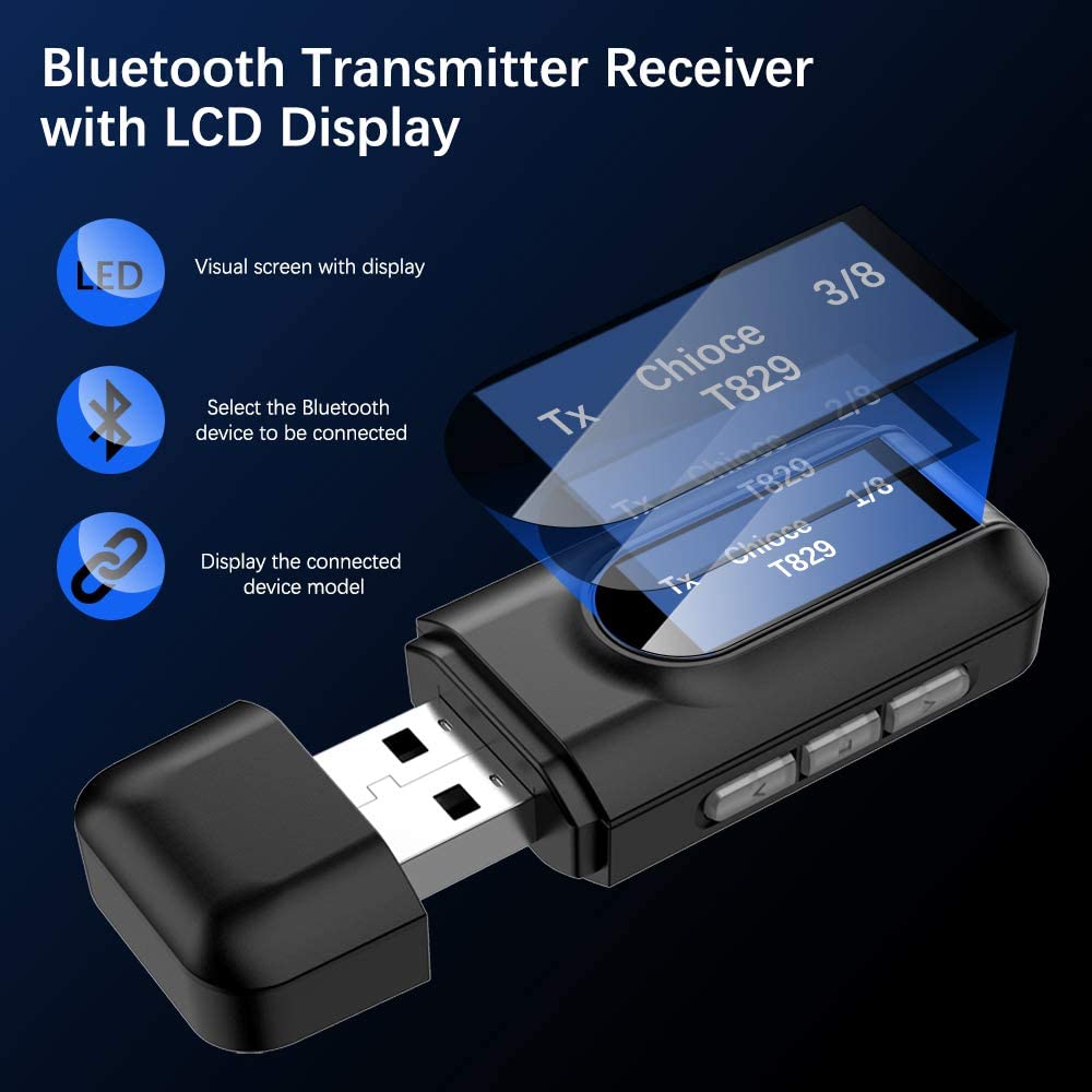 2-in-1 Bluetooth 5.0 Wireless Audio Adapter Transmitter Receiver with 3.5mm and Display for TV PC Stereo System Headphones Speaker