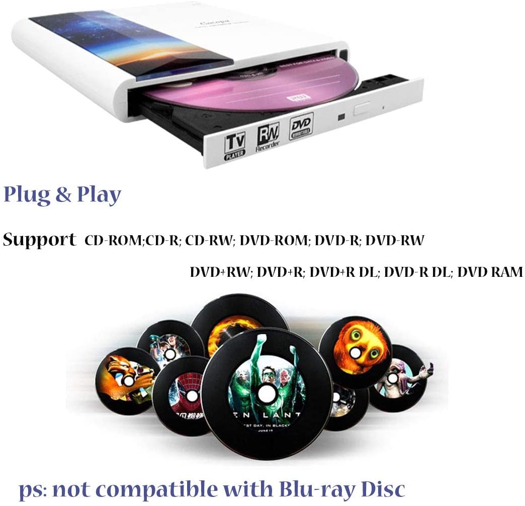 External DVD CD Drive Burner Writer Player for Windows 10 8 7 Mac OS Laptop Desktop PC TV with USB and USB Type-C HDMI Port