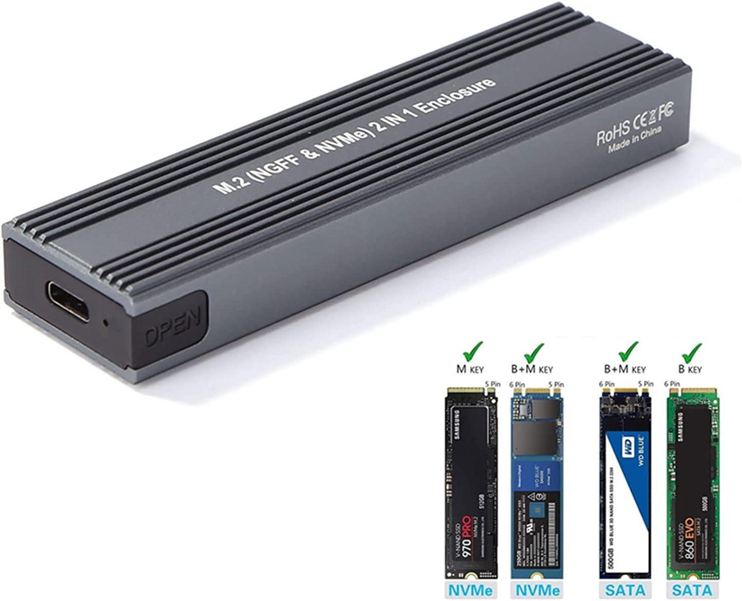 M.2 SSD Case NVME Enclosure to USB 3.0/USB 3.1 Type C Adapter for Dual Protocol NVME PCIE NGFF SATA M/B Key Disk Box Case