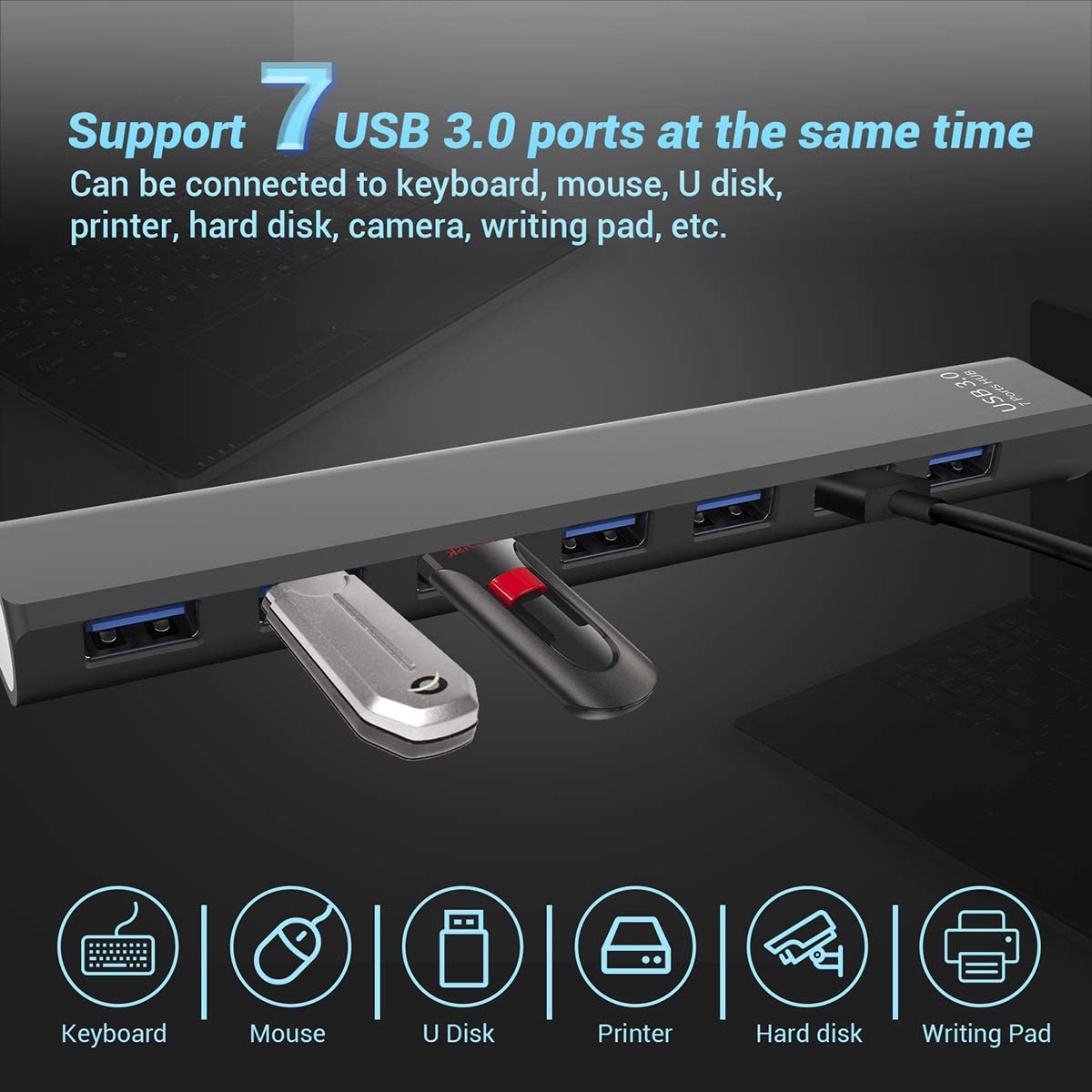 Multi USB 3.0 Hub 7 Port High Speed 5Gbps Slim Compact Expansion Smart Splitter Extender