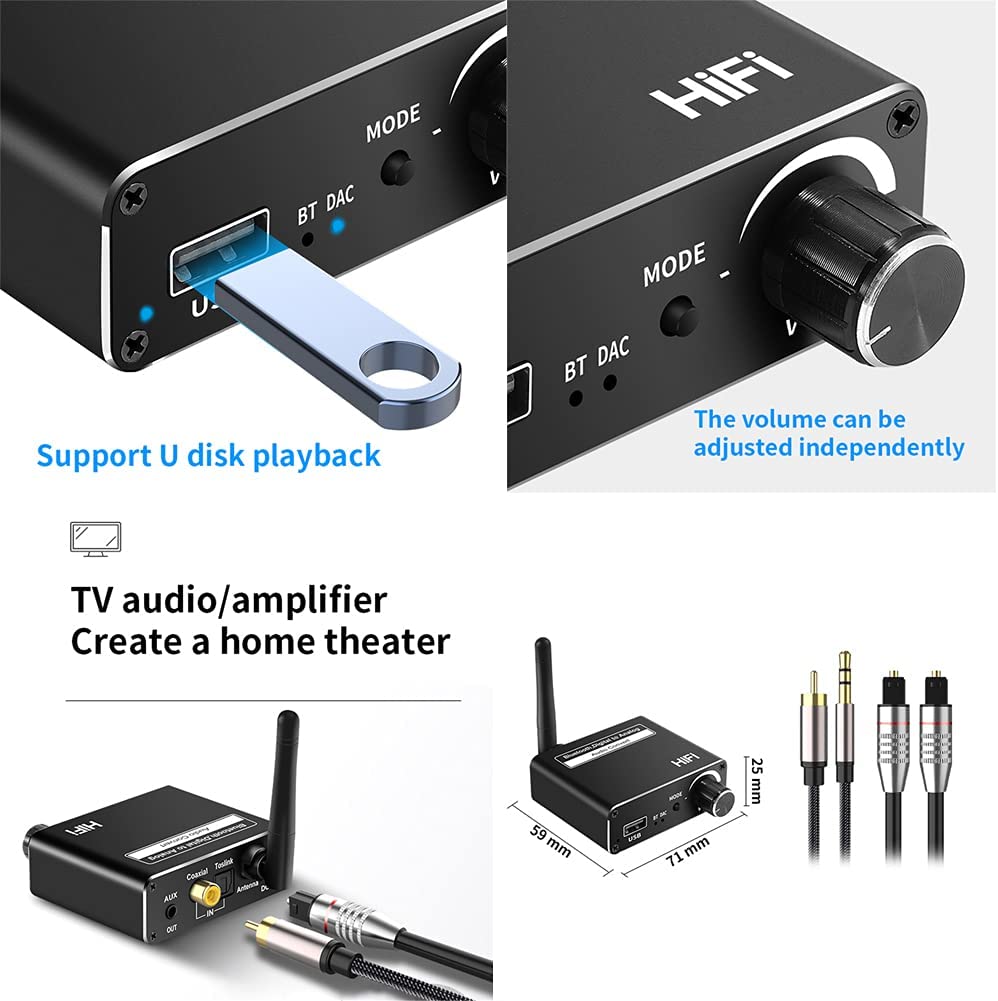 Digital to Analog Audio Converter DAC Coaxial Toslink to 3.5mm with Bluetooth 5.0 Receiver Volume Control and USB Playback