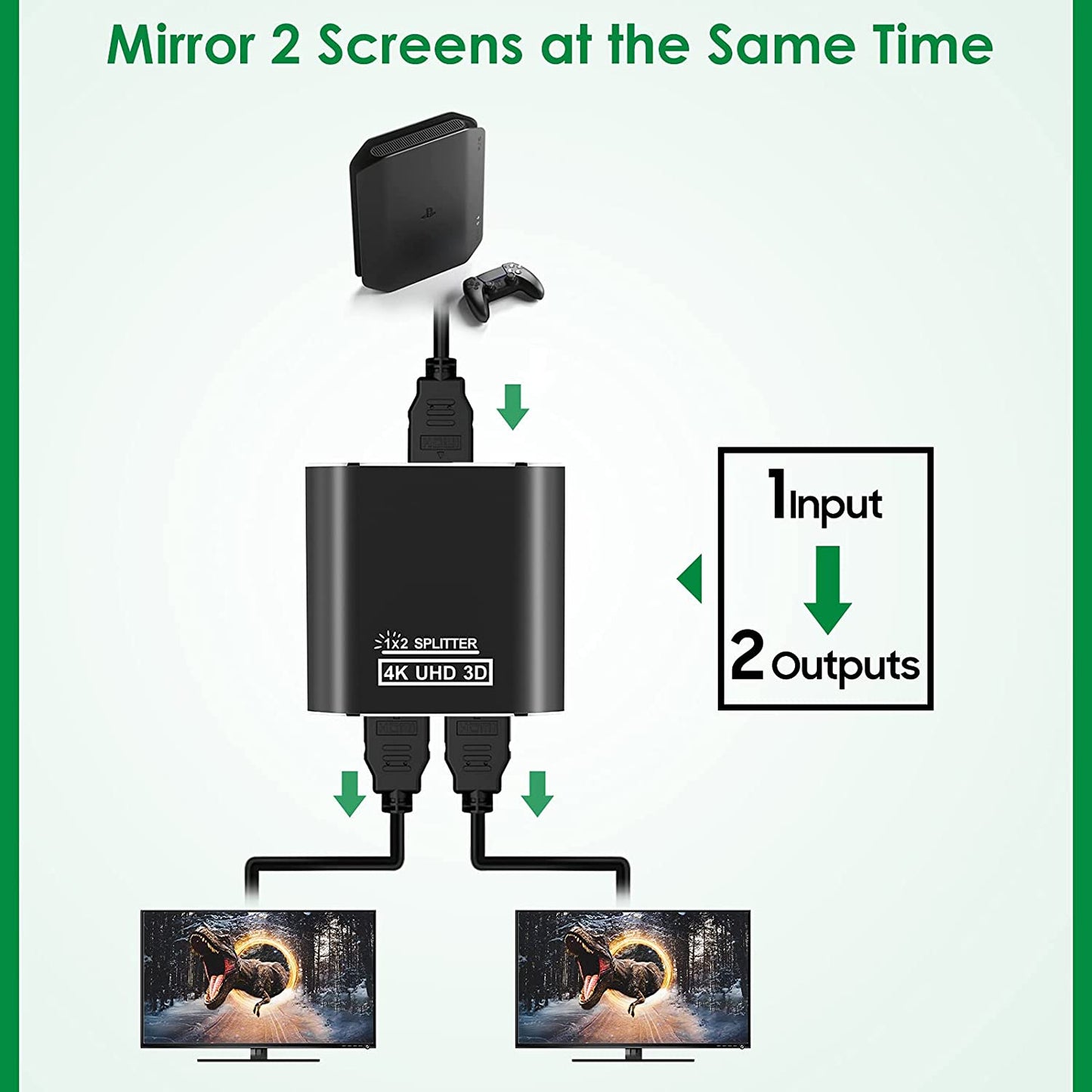 HDMI Splitter 1 in 2 Out 4K Aluminum 1.4 HDCP Supports 4K30HZ 3D 1080P for Xbox PS4 PS3 Fire Stick Blu-Ray Apple TV