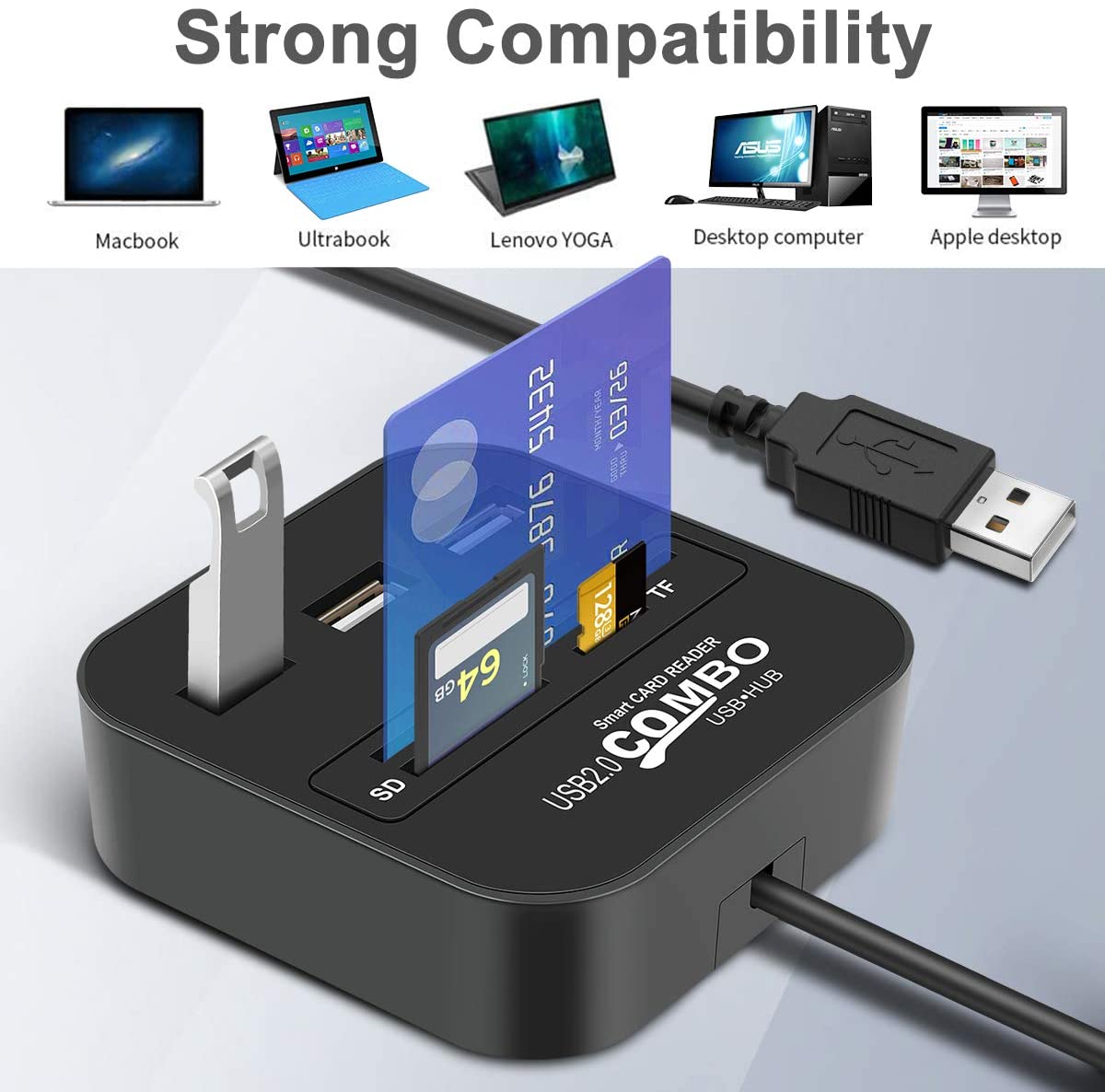 USB Smart Card Reader Adapter with 3 USB Hub Compatible IC/ID EMV TF MMC CAC SIM ATM