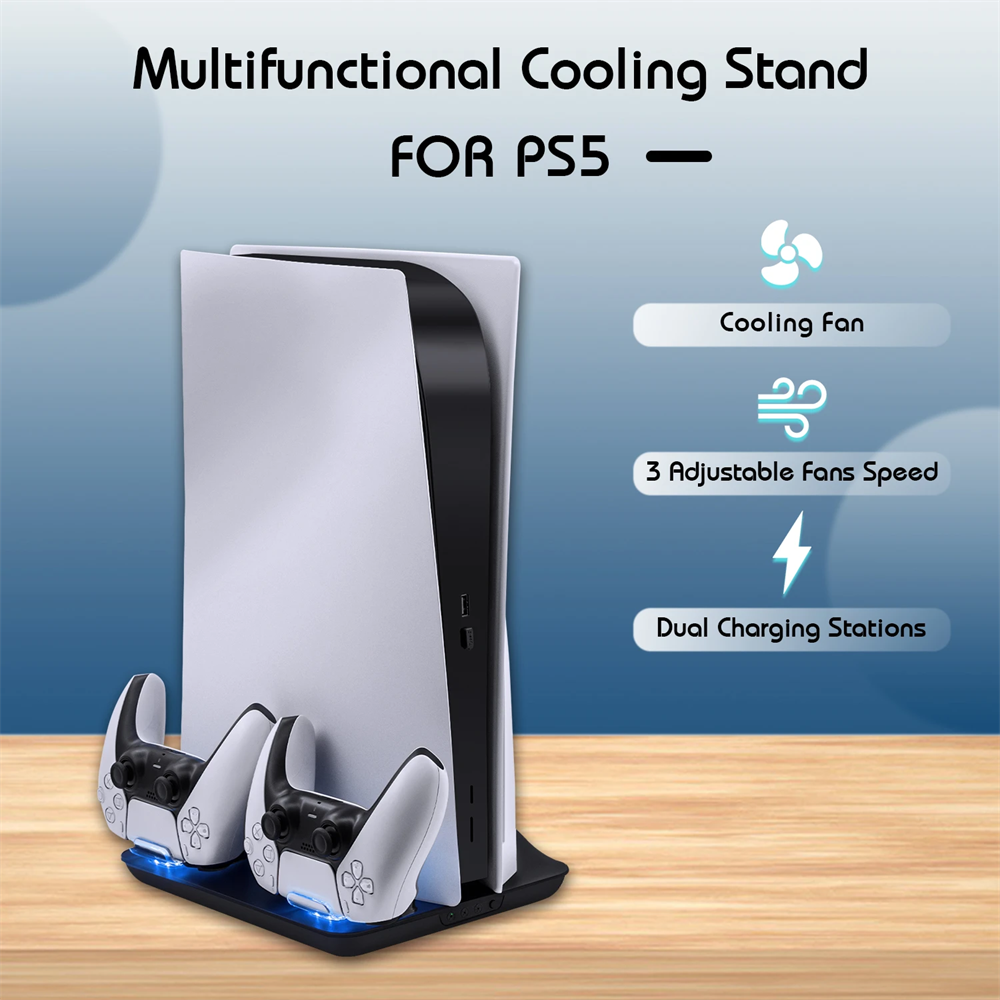 Vertical Stand with Cooling Fan and Dual Controller Charging Charger Dock Station for Sony Playstation 5 PS5 Console and Controllers