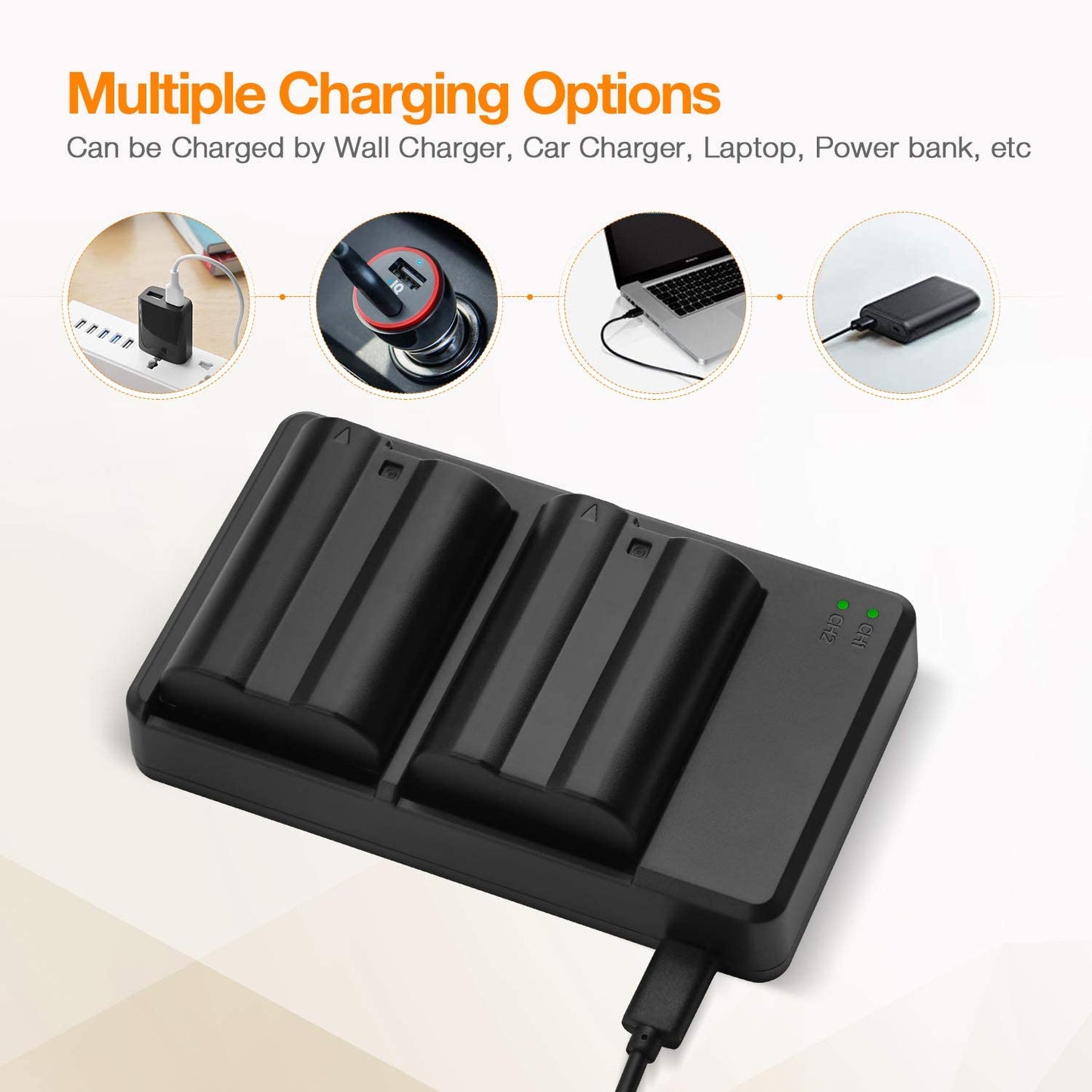 External USB Dual Battery Charger for Nikon 1 V1 D500 D600 D610 D7000 D7100 D7200 D750 D7500 D800 D810 D850 Z6 Z7 EN-EL15 EN-EL15a EN-EL15b EN-EL15e