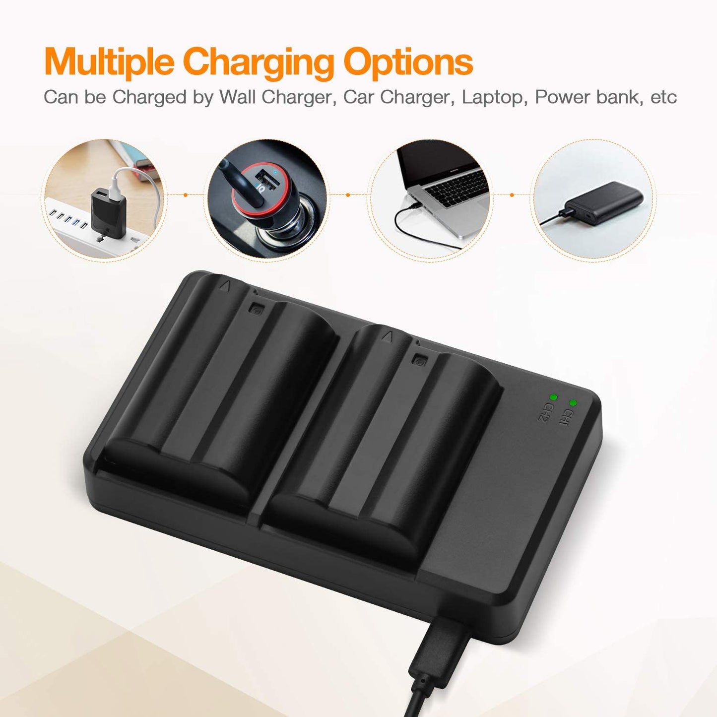 2 Rechargeable Battery and External USB Dual Charger for Nikon 1 V1 D500 D600 D610 D7000 D7100 D7200 D7500 D800 D850 EN-EL15 EN-EL15a EN-EL15b Camera