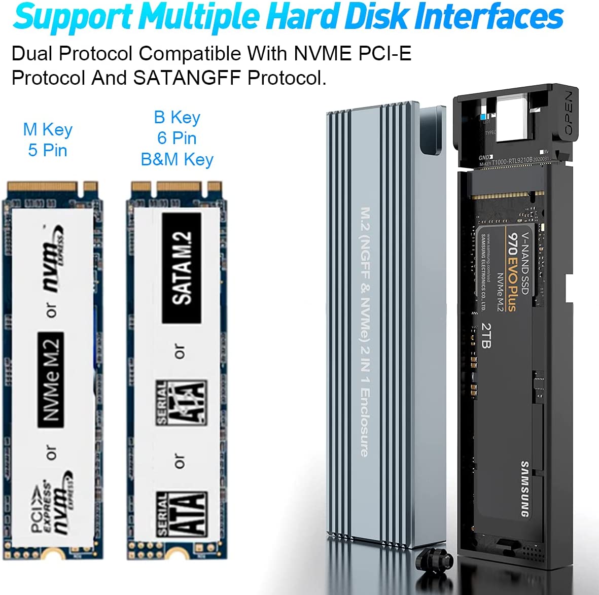 M.2 SSD Case NVME Enclosure to USB 3.0/USB 3.1 Type C Adapter for Dual Protocol NVME PCIE NGFF SATA M/B Key Disk Box Case