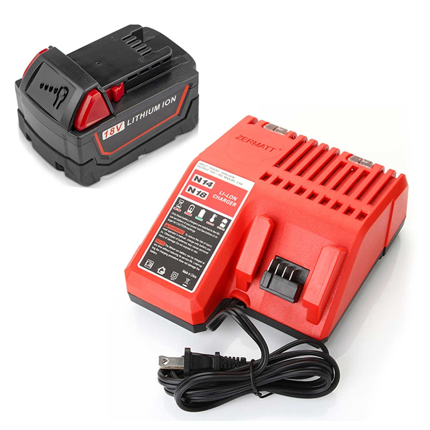 1x Replacement 3.0Ah Battery and 14V-18V Li-ion Battery Charger for Milwaukee M18 M12-18C 48-59-1812 M18B4 0880-20 2662-20 M18BBL-0 M18BX