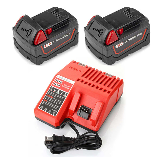 2x Replacement 3.0Ah Battery and 14V-18V Li-ion Battery Charger for Milwaukee M18 M12-18C 48-59-1812 M18B4 0880-20 2662-20 M18BBL-0 M18BX