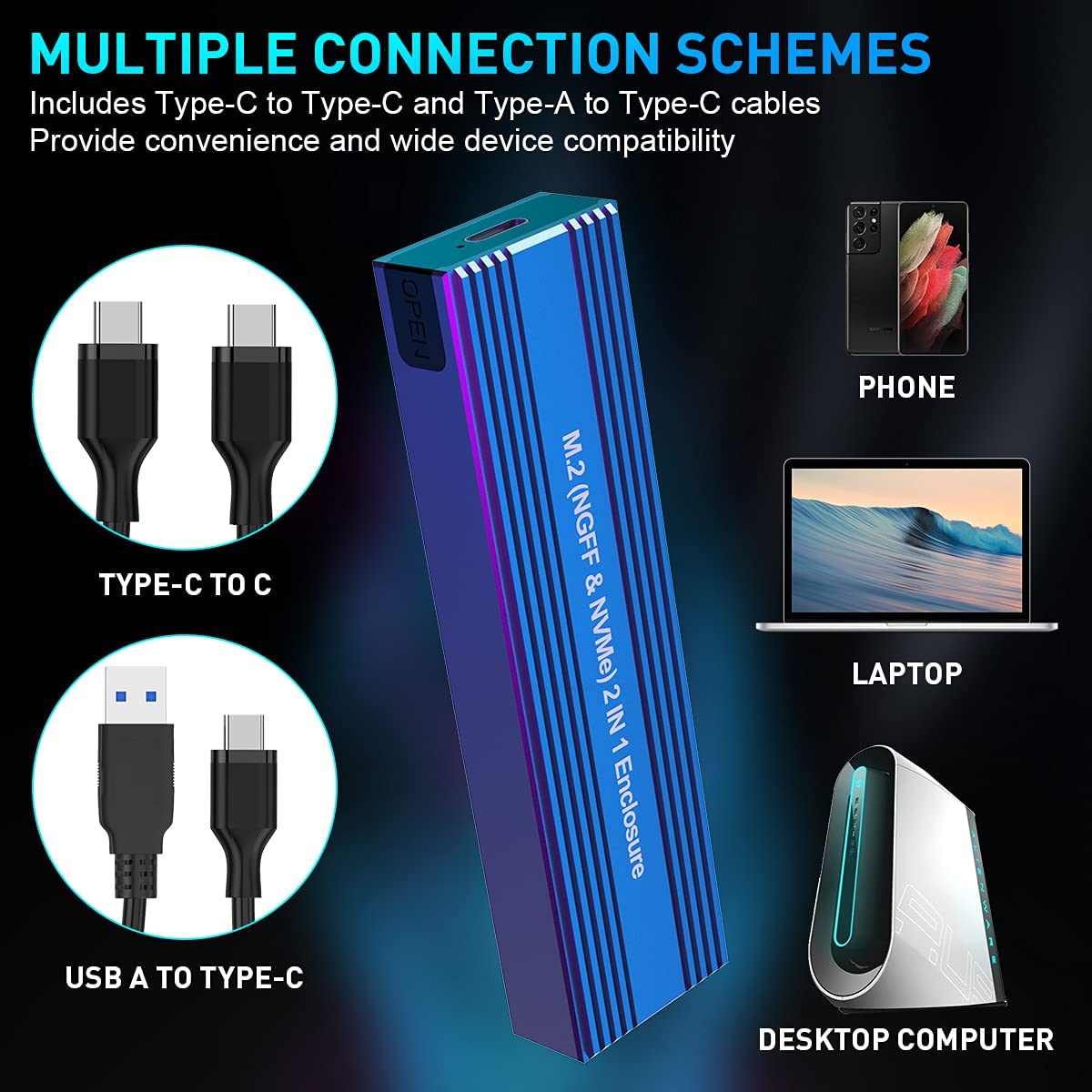 M.2 SSD Case NVME Enclosure to USB 3.0/USB 3.1 Type C Adapter for Dual Protocol NVME PCIE NGFF SATA M/B Key Disk Box Case
