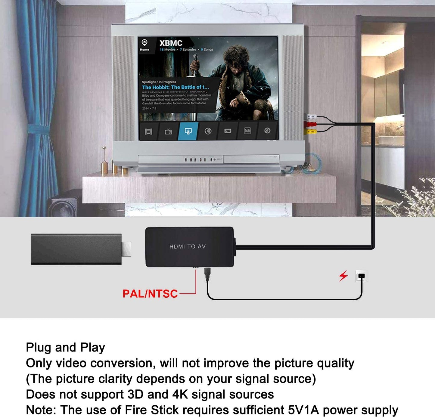 HDMI to AV RCA Video Audio Adapter Supports PAL/NTSC Compatible for Roku Streaming Stick, Fire Stick, Apple TV, DVD, Blu-ray Player, HD Box