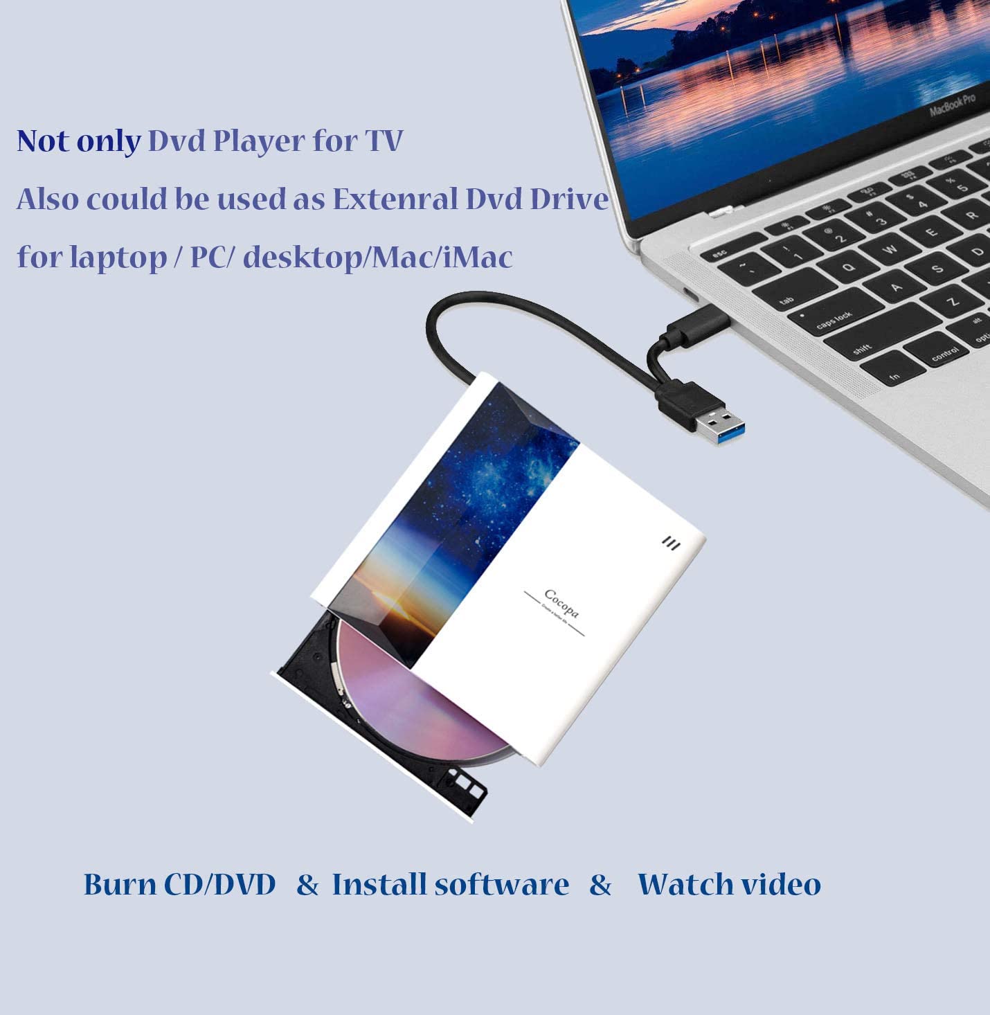 External DVD CD Drive Burner Writer Player for Windows 10 8 7 Mac OS Laptop Desktop PC TV with USB and USB Type-C HDMI Port