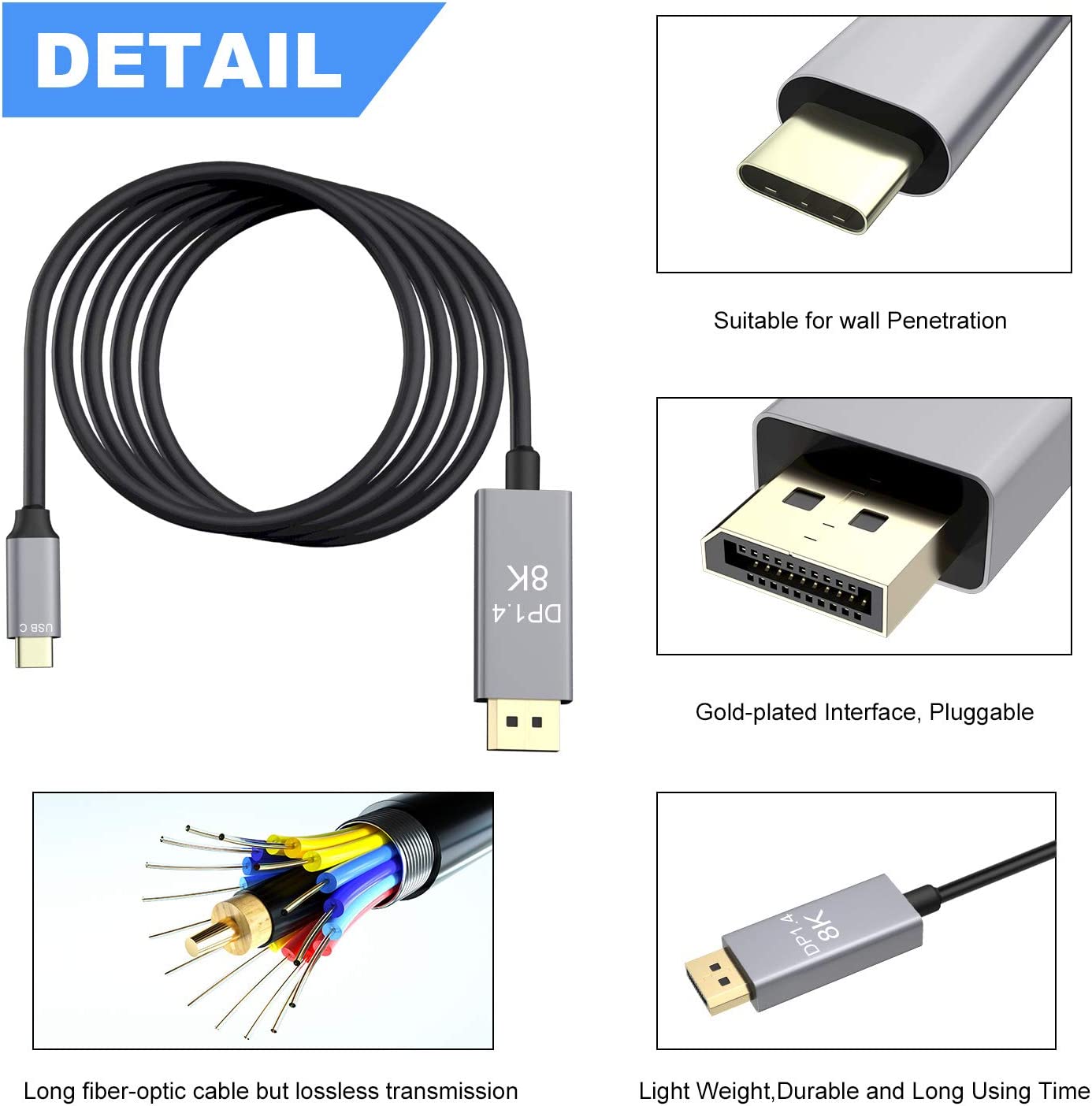 USB-C to DP Cable 1.8m Type-C to DisplayPort 1.4 8K@30Hz 4K@144Hz HDTV Adapter for New MacBook PC Laptop