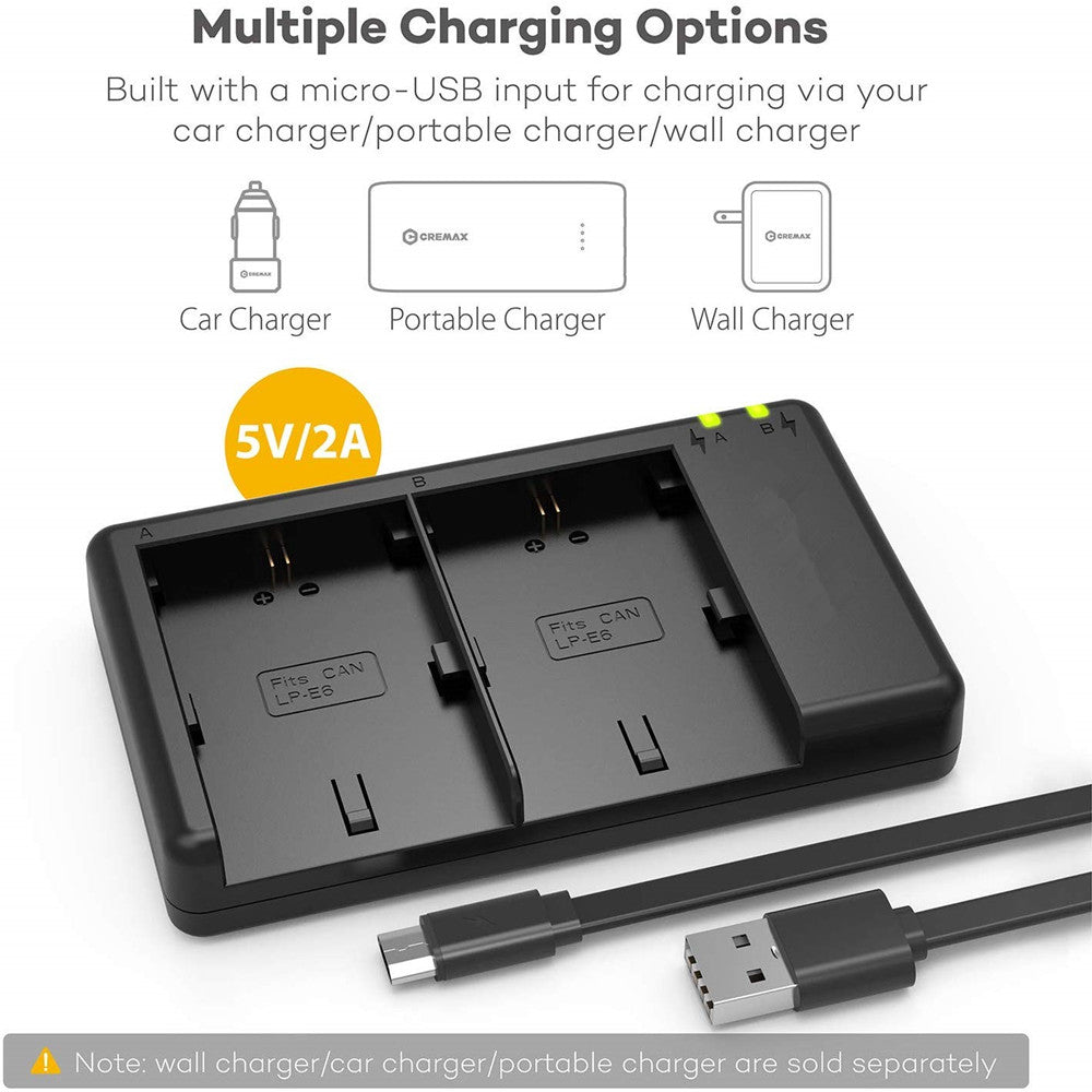 2x Replacement Battery + USB Dual Charger for Canon LP-E6,LP-E6N,5D Mark II III IV EOS R 5Ds 6D 7D 60D 70D 80D DSLR Camera