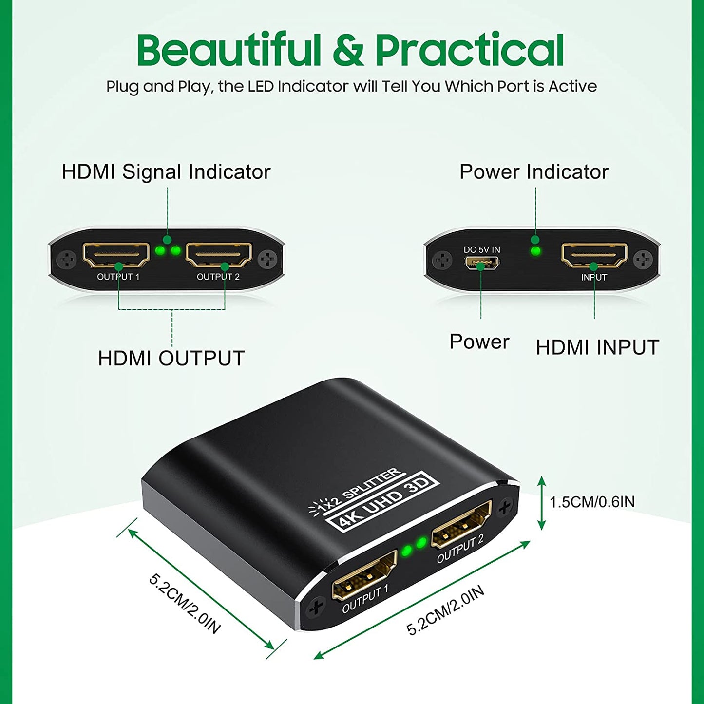 HDMI Splitter 1 in 2 Out 4K Aluminum 1.4 HDCP Supports 4K30HZ 3D 1080P for Xbox PS4 PS3 Fire Stick Blu-Ray Apple TV