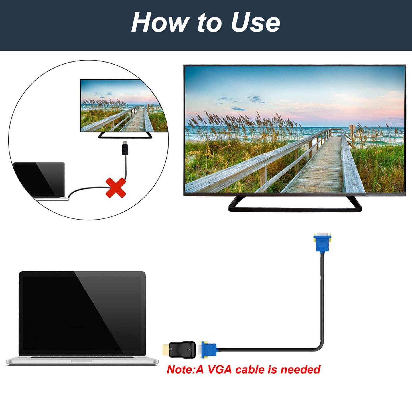 HDMI to VGA Adapter (Male to Female 1080p) for Laptop, PC, Monitor, Projector, Raspberry Pi, Xbox, PS4, PS5, MacBook, Mac Mini
