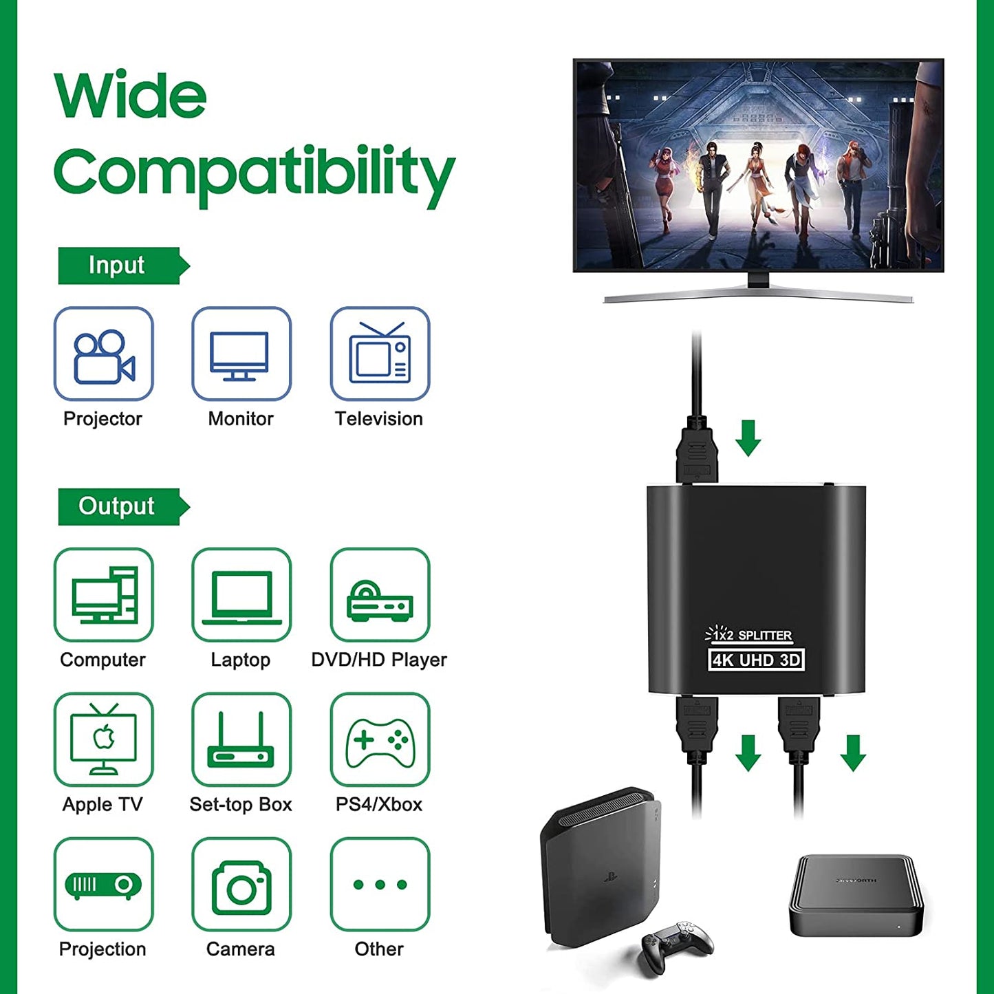 HDMI Splitter 1 in 2 Out 4K Aluminum 1.4 HDCP Supports 4K30HZ 3D 1080P for Xbox PS4 PS3 Fire Stick Blu-Ray Apple TV