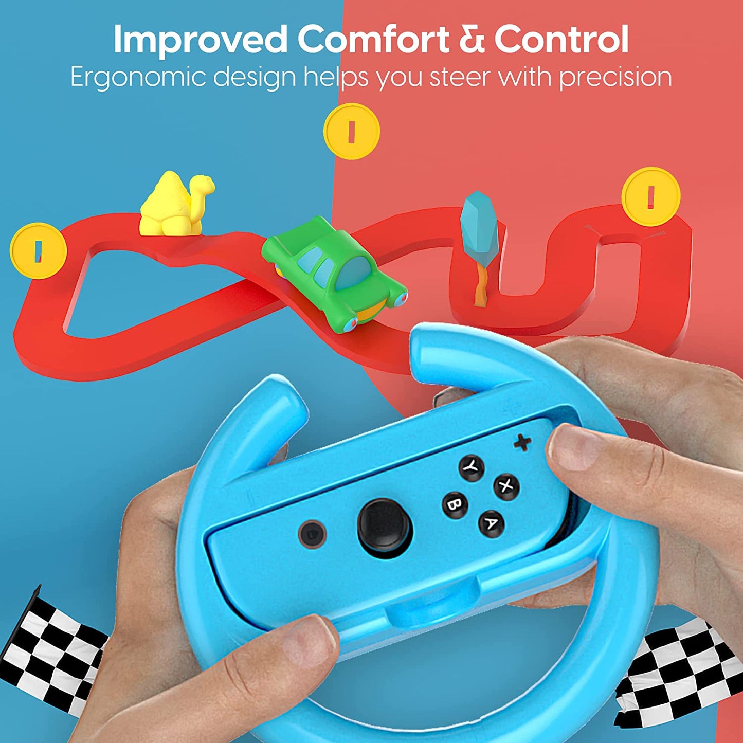 2 Pack Steering Racing Wheel Controller Grip for Nintendo Switch Joy-Con - Blue and Red