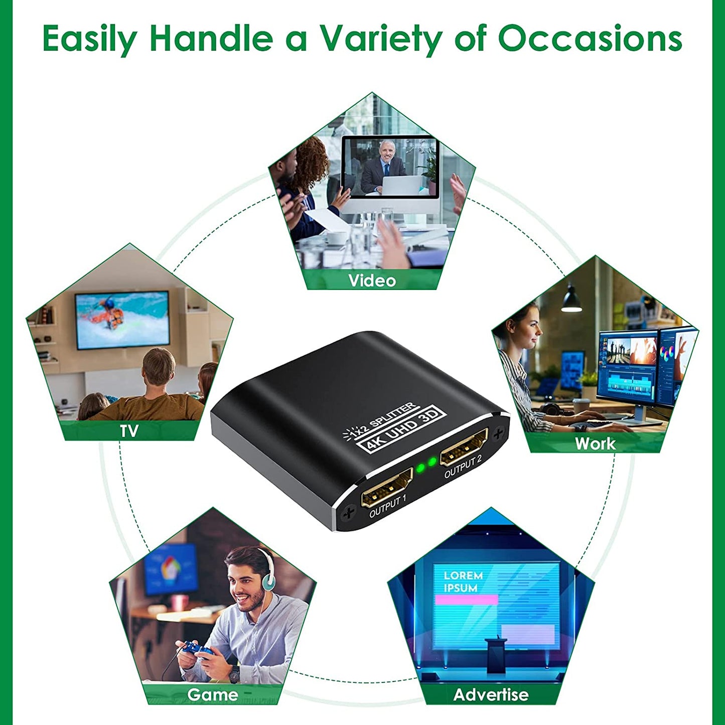 HDMI Splitter 1 in 2 Out 4K Aluminum 1.4 HDCP Supports 4K30HZ 3D 1080P for Xbox PS4 PS3 Fire Stick Blu-Ray Apple TV