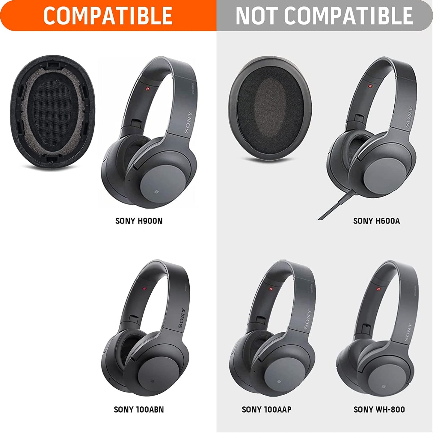 Grey Replacement Cushion Ear Pads for Sony Hear On 2 WH-H900N WH-H900NBM MDR-100ABN Wireless Headphone