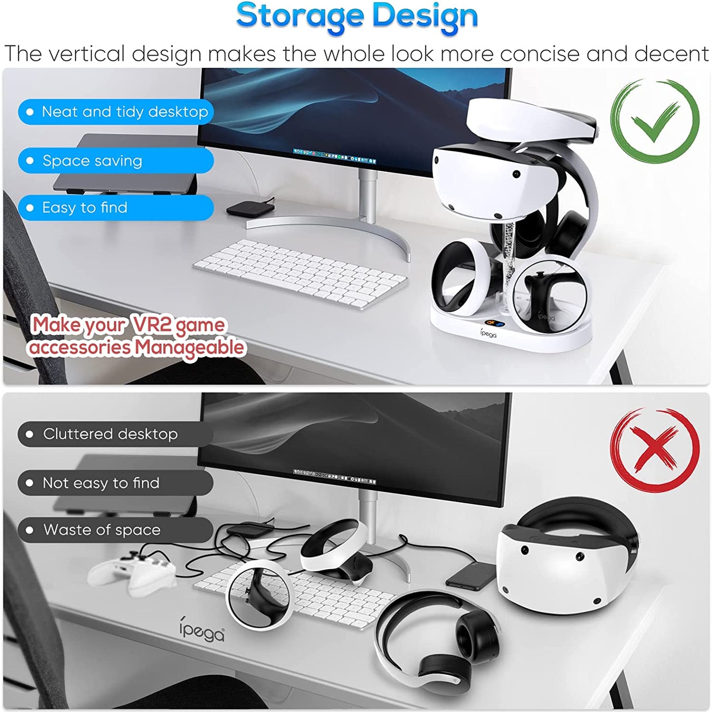 Charging Stand Multifunction Vertical Charge Dock Station Accessories for Playstation VR2/PS5 VR/PS VR2 Headset Sense Controllers with RGB Light