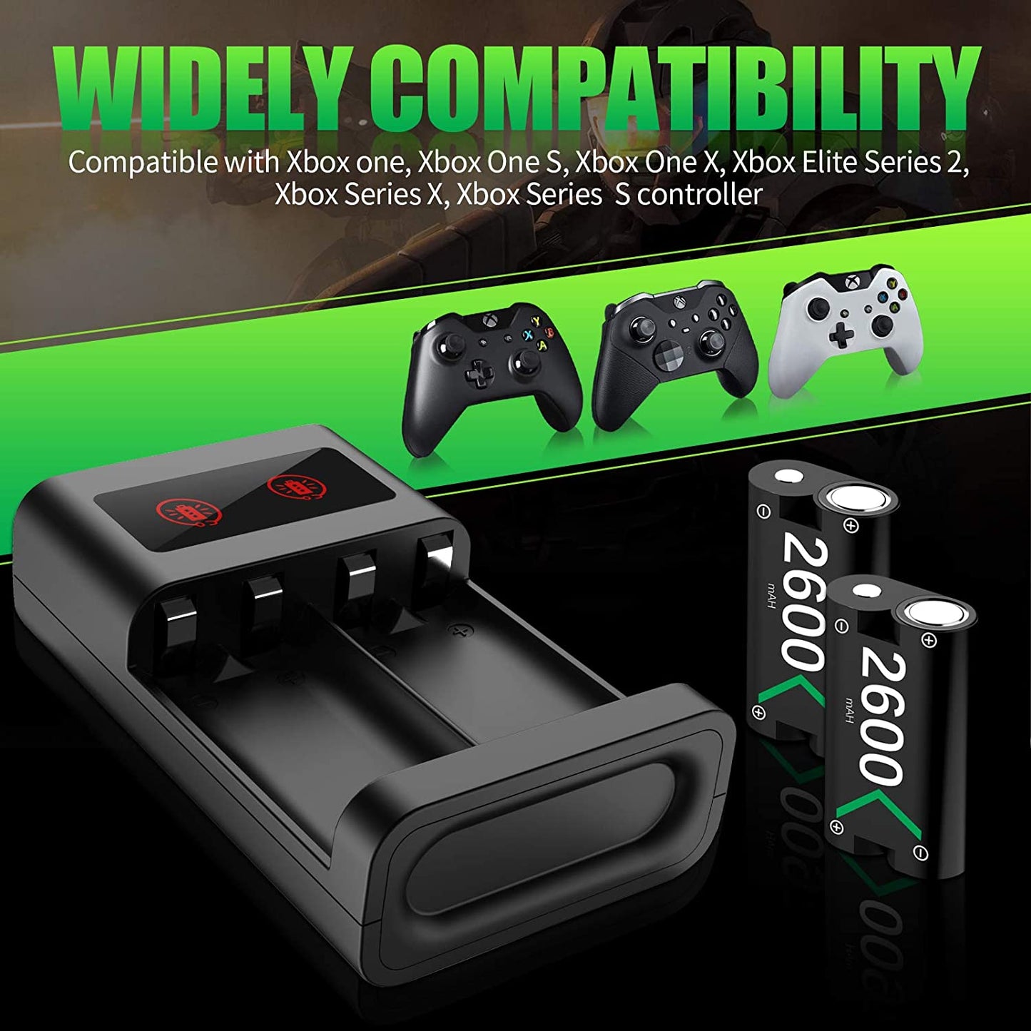 2-Pack 2600mAh Rechargeable Controller Battery with Charger Charging Station Dock for Xbox One/One S/One X/Elite Accessories